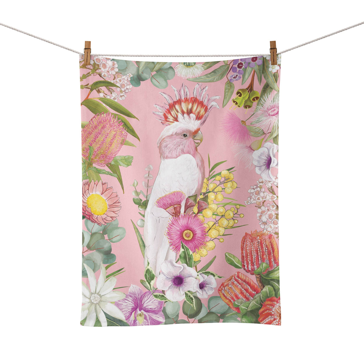 Cotton Tea Towel  Australian Wildflowers Cockatoo
