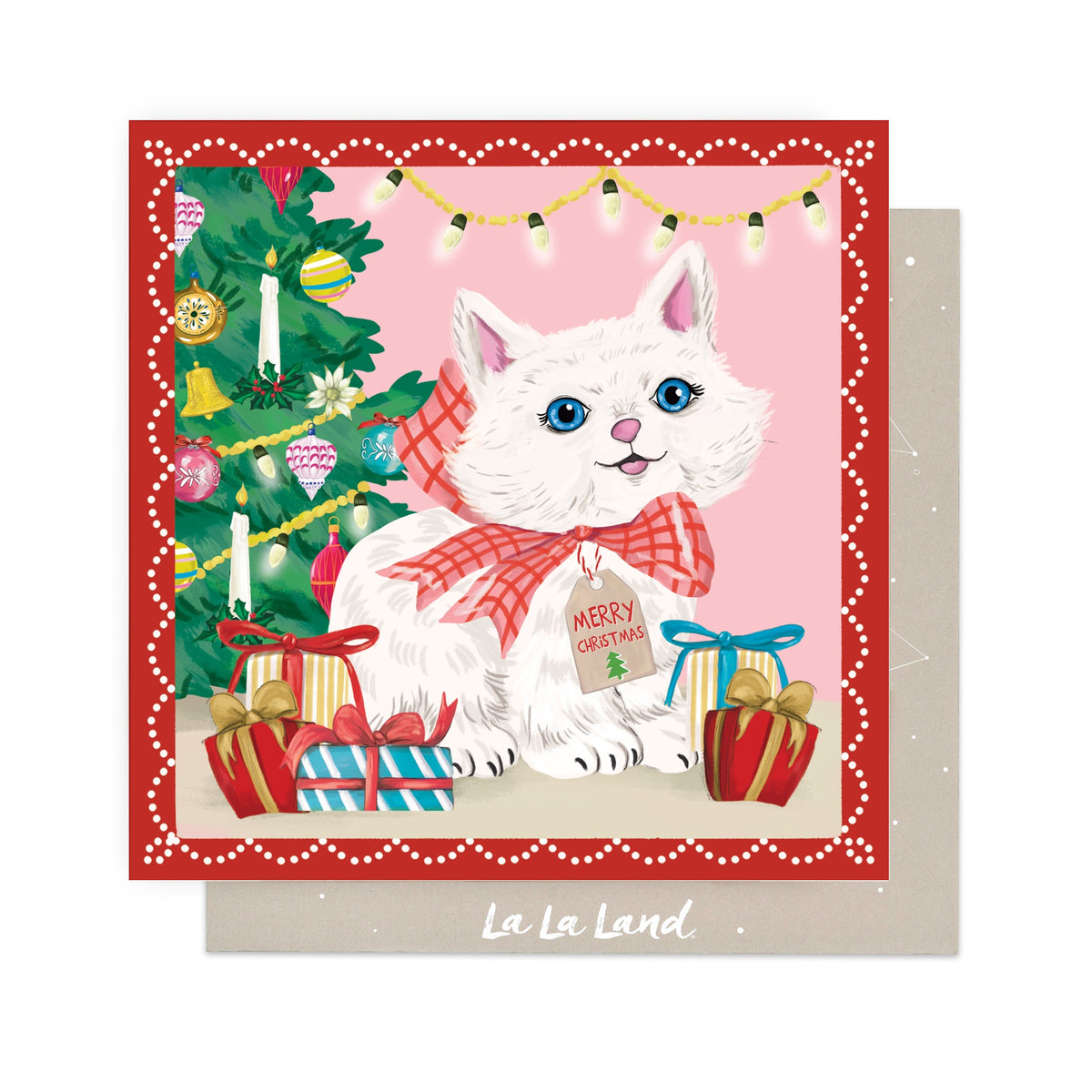 Greeting Card Vintage White Cat Merry Christmas