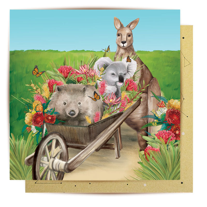 Greeting Card  Wheel Barrow Friends