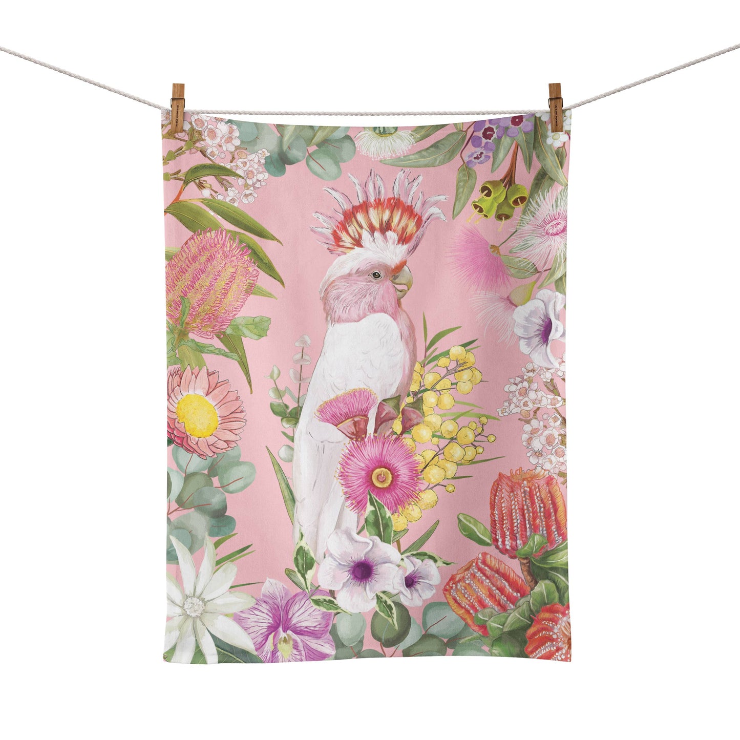 Cotton Tea Towel  Australian Wildflowers Cockatoo