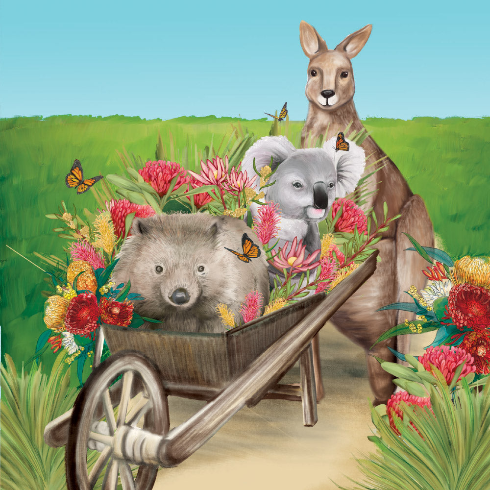 Greeting Card  Wheel Barrow Friends