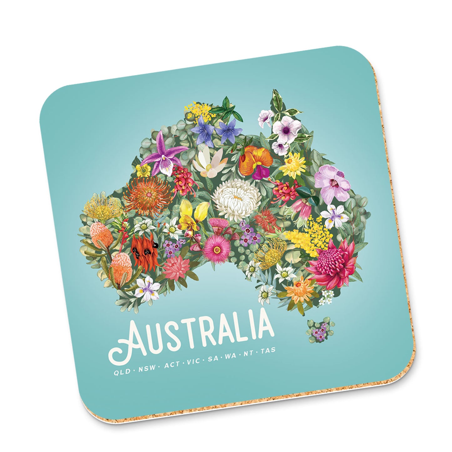 Corky Coaster Australia Map Flowers