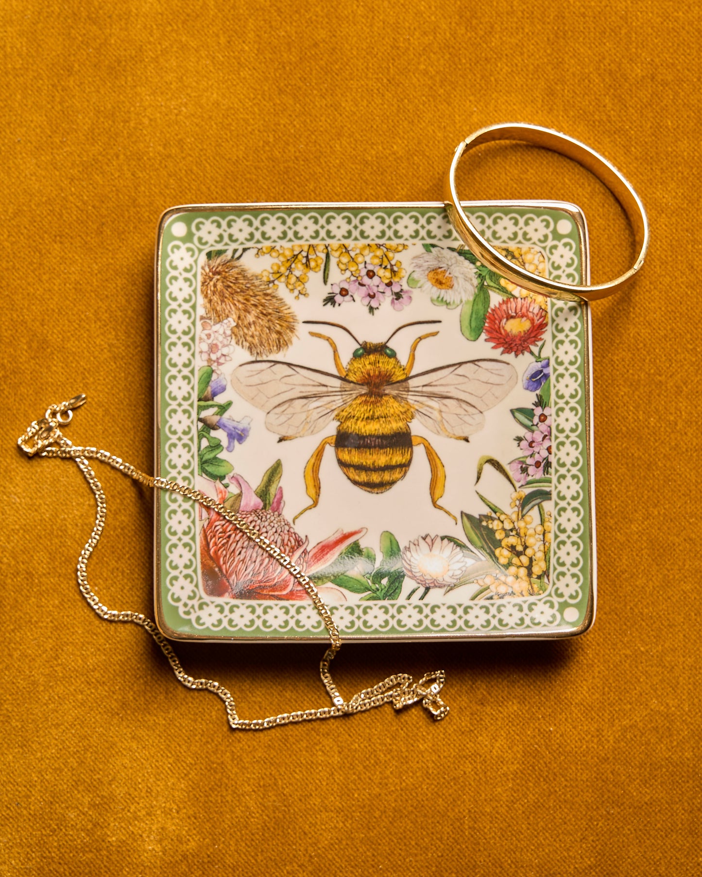 Square Trinket Tray Botanical Blooms Bee